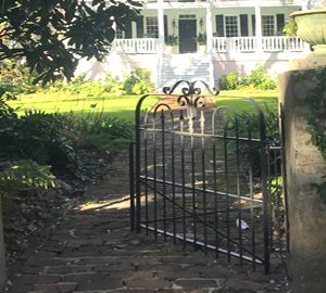 The Quiet Elegance of Beaufort- Brick Walkways, Garden Gates, and Hidden Gardens. a wrought iron gate opened